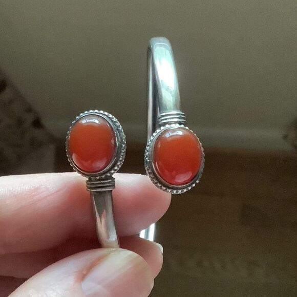 STERLING SILVER 925 RED CARNELIAN BANGLE WOMAN BRACELET - Picture 2 of 11